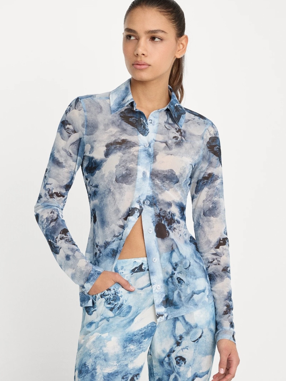 Mesh Button Up Top, Blue Angel Print